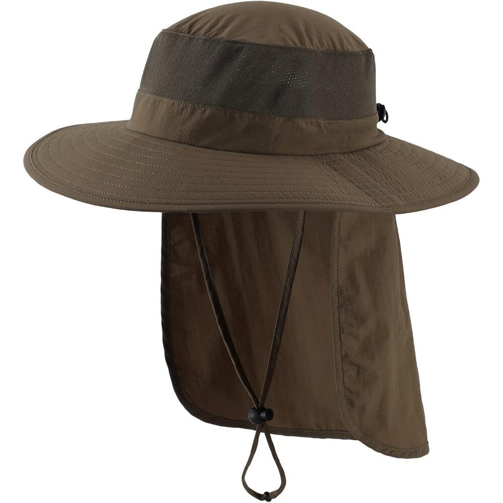Unisex Olive Brown 100% Polyester Wide Brim Mesh Vent With Neck Flap Fishing Hat